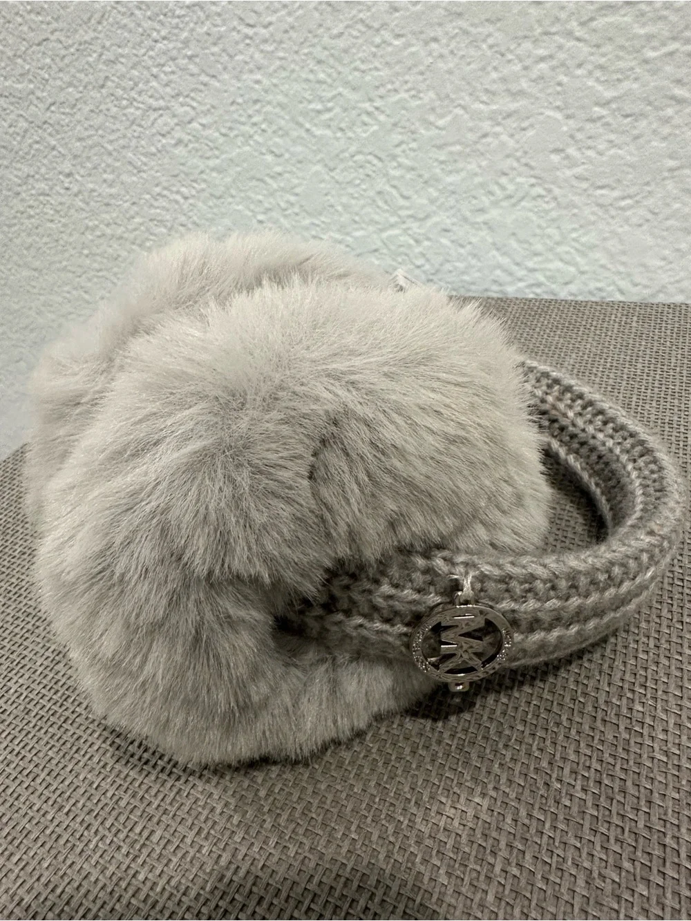 Michael Kors Light Gray Faux Fur Knit Earmuffs with Logo Accent